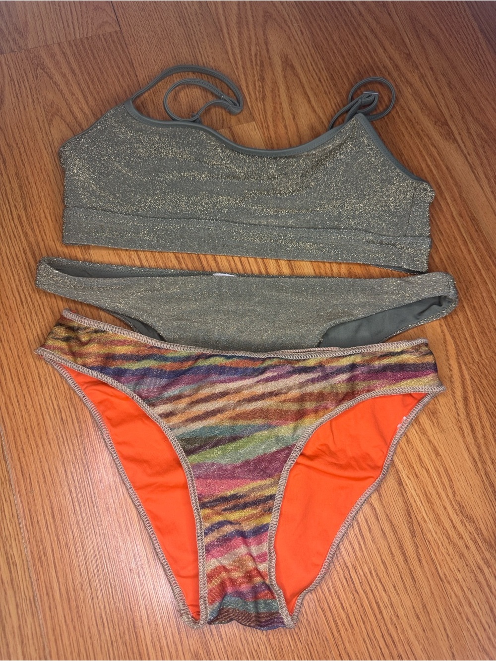 Aerie Olive Bikini with extra Multi-Color Striped bottom